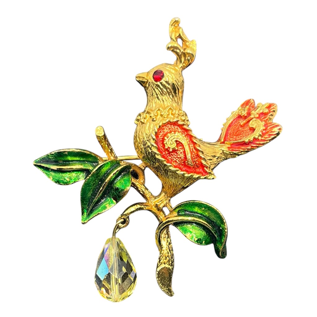 Mylu Partridge In A Pear Tree Christmas Holiday Brooch Pin Enamel Rhinestones